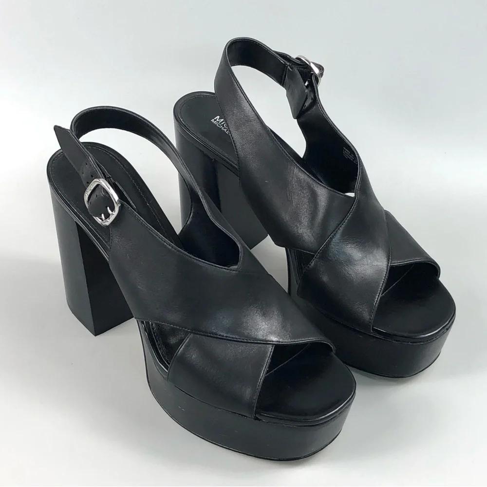 MICHAEL Michael Kors Black Leather Platform Slingback Sandals - Picture 4 of 11
